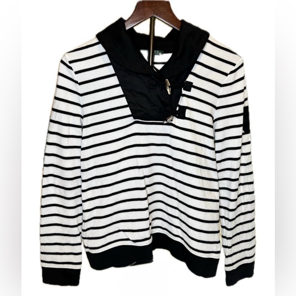Women's Ralph Lauren Black and White Striped V-Neck Sweater Size Medium